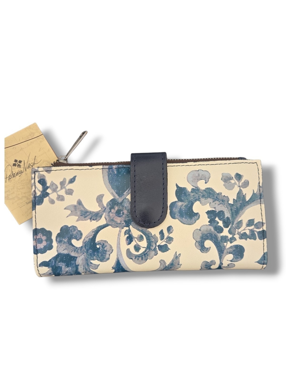 Patricia Nash Cream Wallet with Blue Floral Motif and Navy Snap